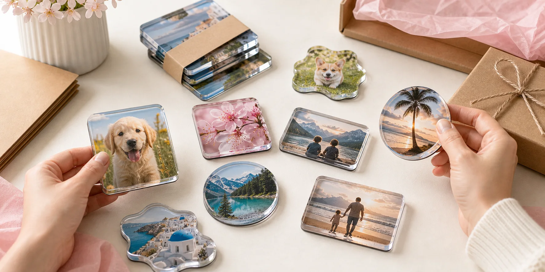 Hands arranging finished glossy acrylic photo magnets beside gift packaging